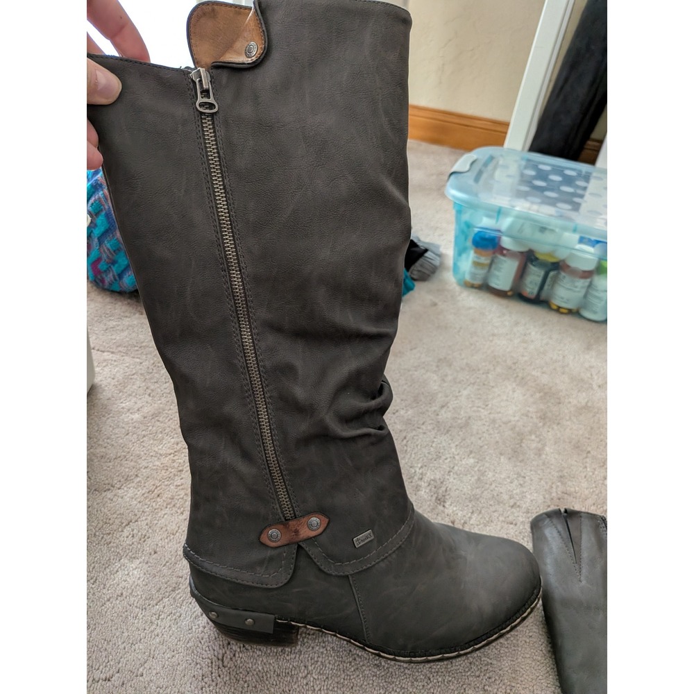 Reiker Womens Grey Tall Slouch Boots Side Zip Moto Buckle Detail Size 40